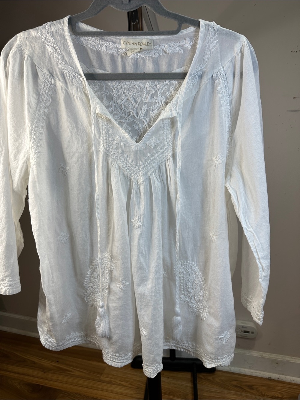 Cynthia Rowley White Embroidered Peasant Tunic with Tassel Ties